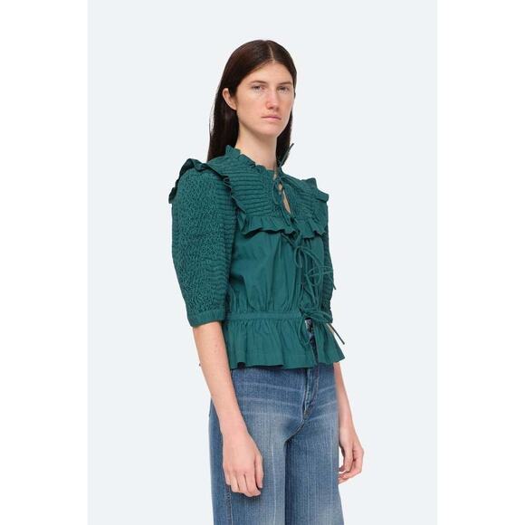 Sea New York Casey‎ Top Smocked Tie Front Puff Sleeves Ruffle Women's XXS Green - Picture 4 of 16